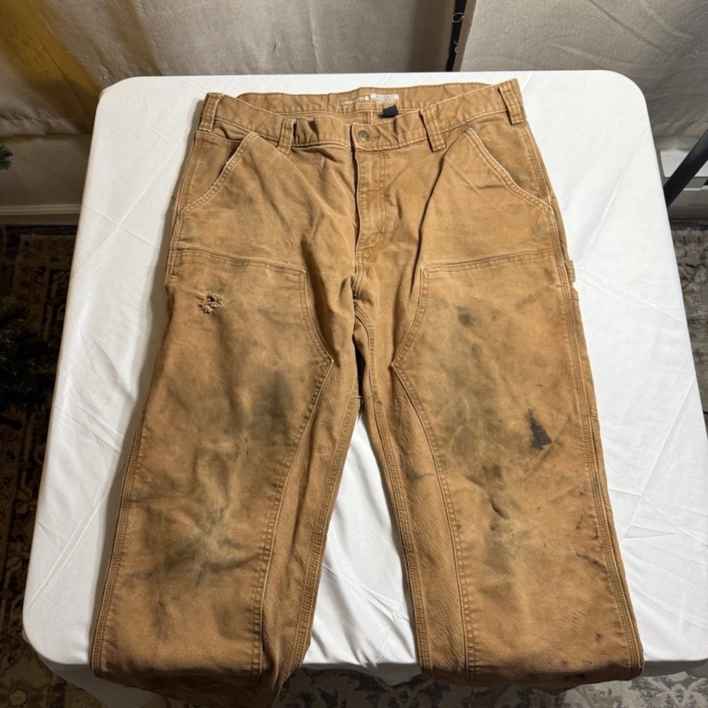 Carhartt Double Knee Work Pants Men’s 36x32 Brown Canvas Distressed Rip
